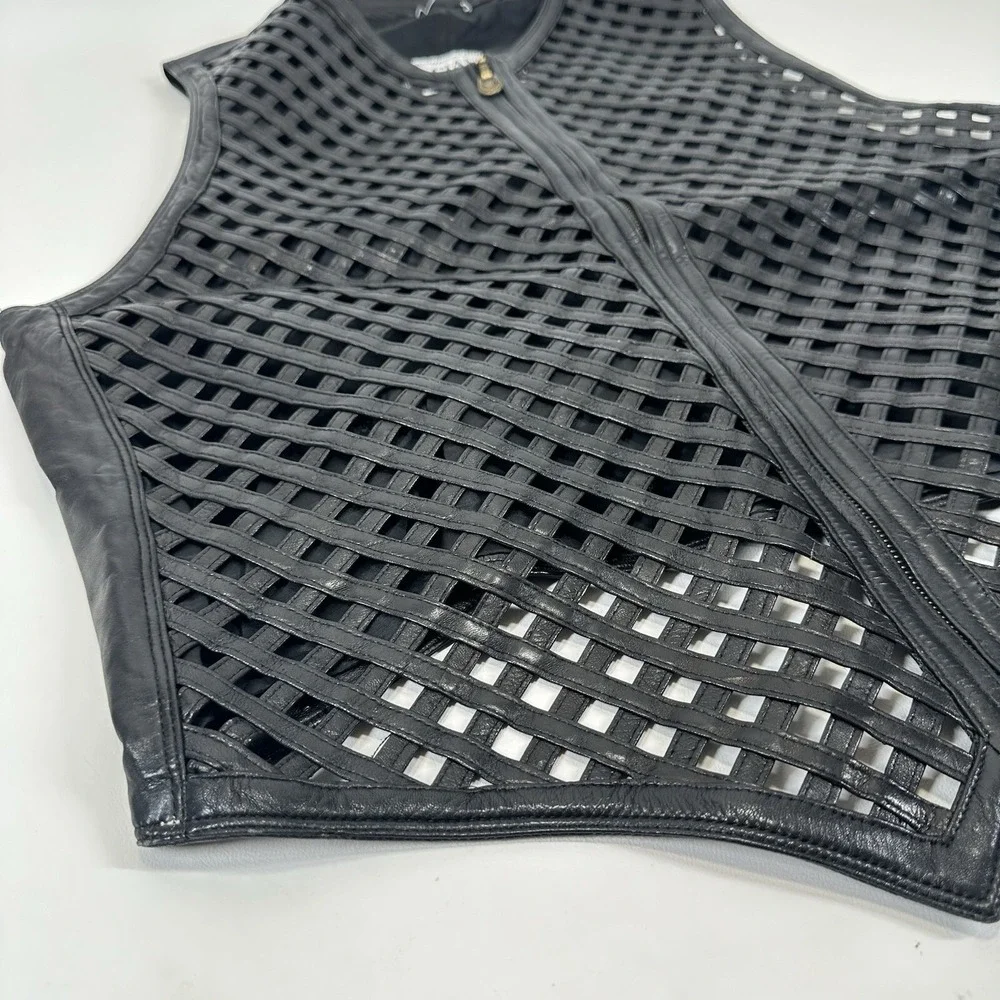 GIANNI VERSACE black leather vest w/ an open lattice feature in front 46